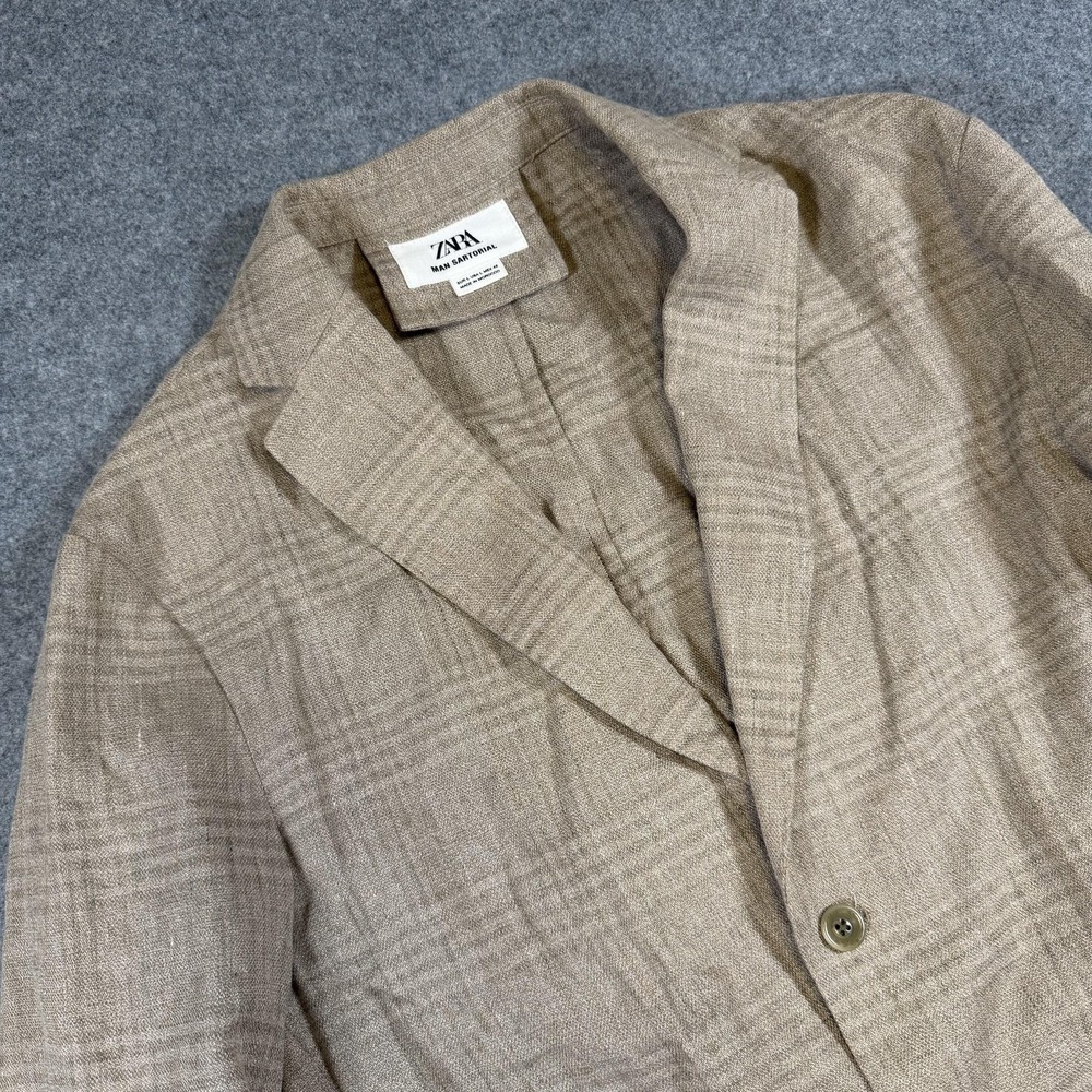 Zara Man Sartorial Blazer Mens Large Beige Plaid Cotton Sport Coat Jacket